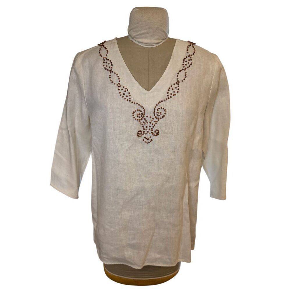 Choices 100% White Linen V-Neck Tunic Sz. L Beaded